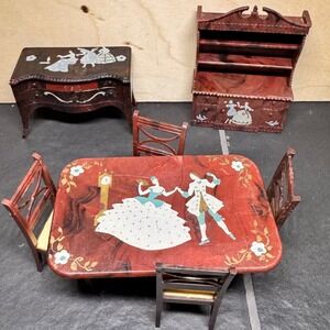 Vintage Renwal Stenciled Dollhouse Furniture Set Red Marbled Dining Room 7pc USA